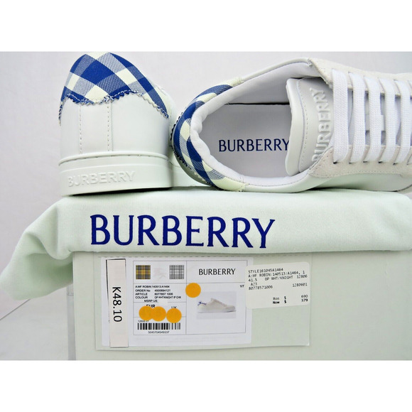 NIB BURBERRY ROBIN WHITE BLUE CHECK LEATHER LOW LOGO SNEAKERS US 11.5 44.5 IT - Picture 13 of 13